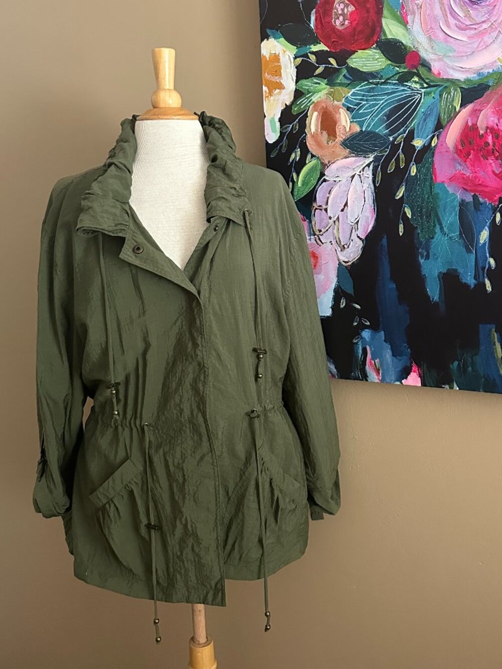 Coldwater Creek Olive Utility Jacket XL Lightweight Cinch Waist Safari Style